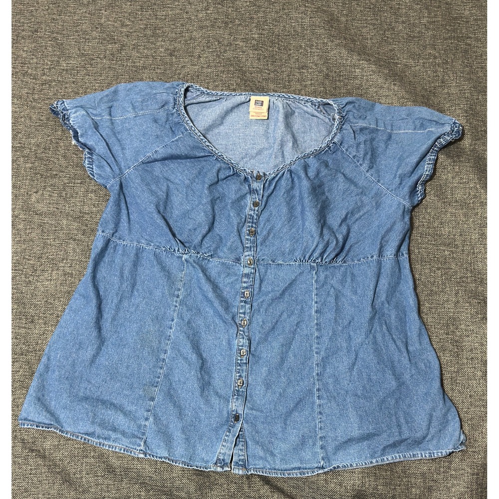 Faded Glory Woman 3X Denim Top Blue Short Sleeve Button Front Cotton